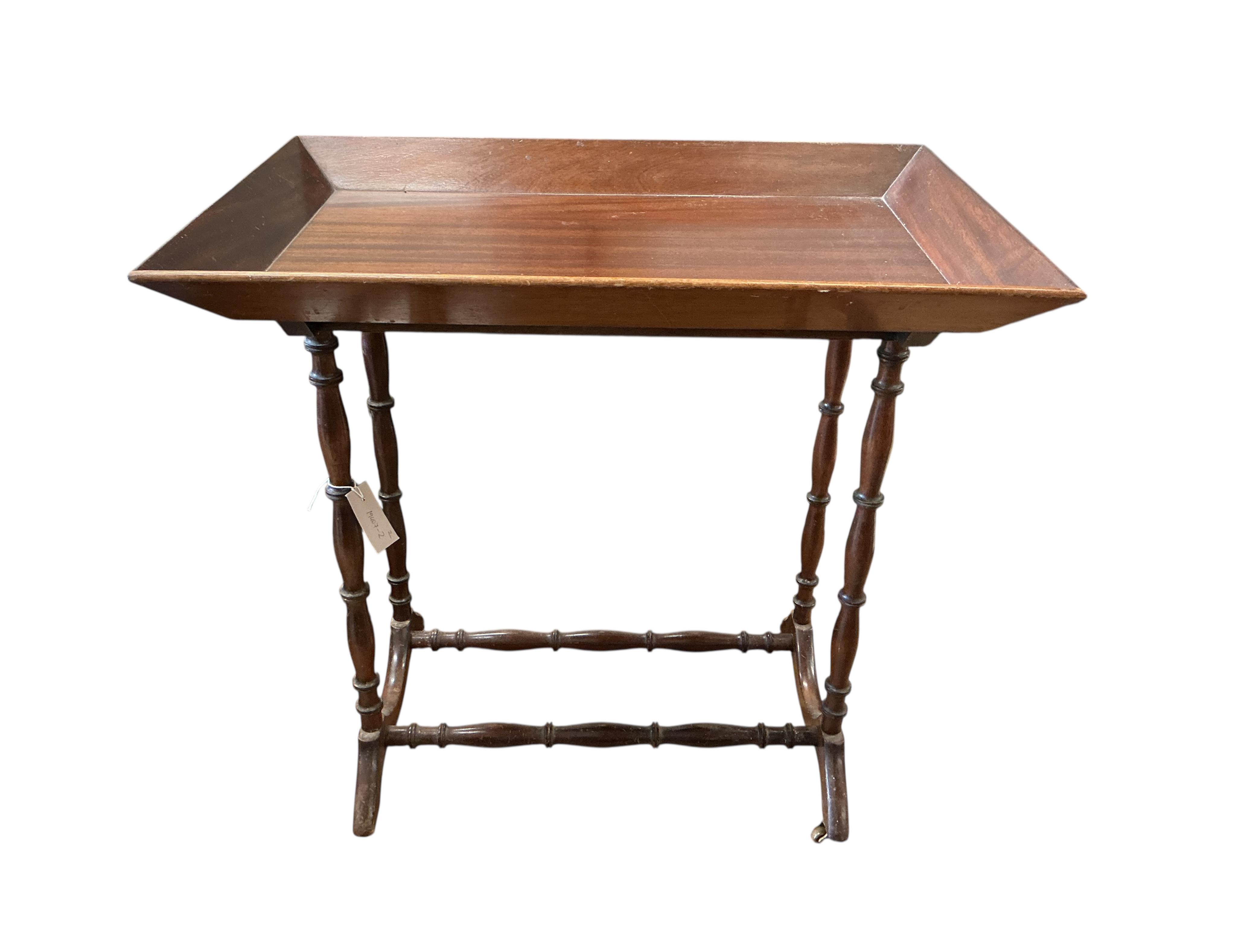 A pair of Victorian and later rectangular mahogany tray top occasional tables, width 74cm, depth 49cm, height 73cm